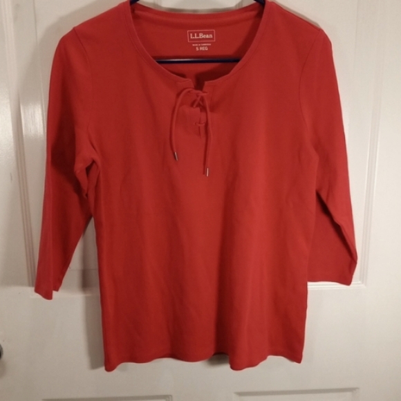 LLBean NWOT Small Reg Rust/ Red, tie front, 3/4 sleeve 100% cotton - Picture 2 of 4